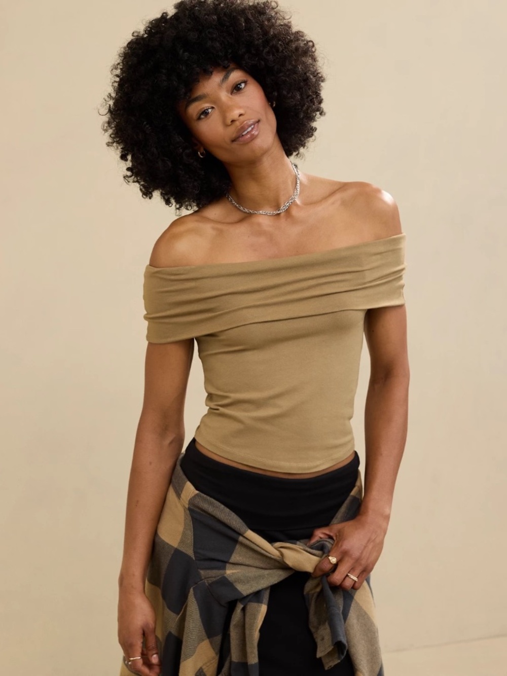 Tan Foldover Off-Shoulder Fitted Top Size Large Aerie